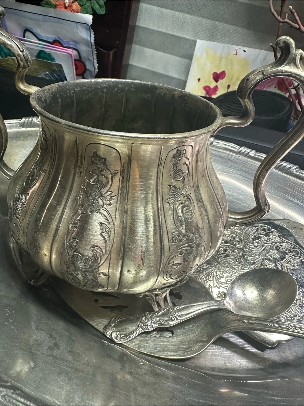 Antique-Style Silver Plated Sugar Bowl with Elegant Scrollwork